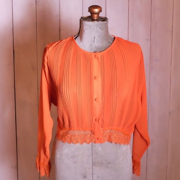 Orange Chiffon Lace Button Up Blouse - Picture 1 of 5